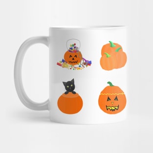 Halloween Pumpkins, Candy and Black Cat (White Background) Mug